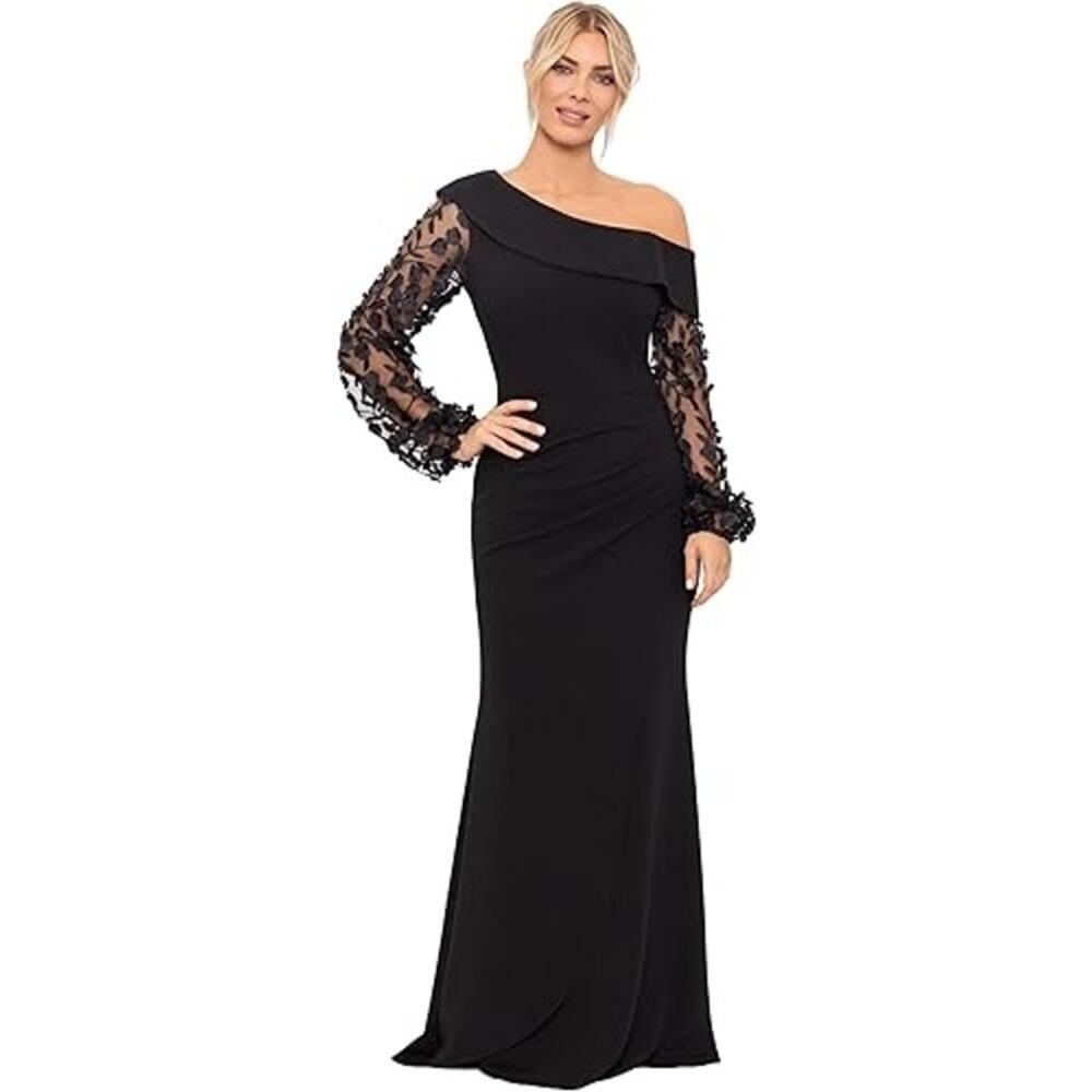 Xscape Scuba Crepe Drop Shoulder Textured Floor Length Dress Black Size 6P NWT